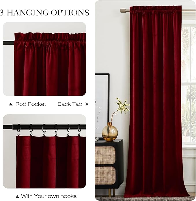 NICETOWN Christmas Red Velvet 108 inch Curtains and Drapes, Blackout Extra Long Elegant Wall Backdrop Drapes for Holiday Season Home Decoration (52x108, Set of 2, Rod Pocket Design)