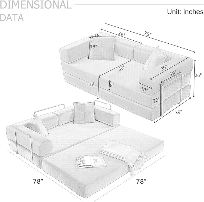 4-in-1 Folding Convertible Sofa Bed, 78 Inch Boneless Couch with Fixed-Shape Frame, Corduroy Loveseat Sleeper with Pull Out Bed, Floor Sofa Modular Futon Couch for Living Room Bedroom Lounge (Black)