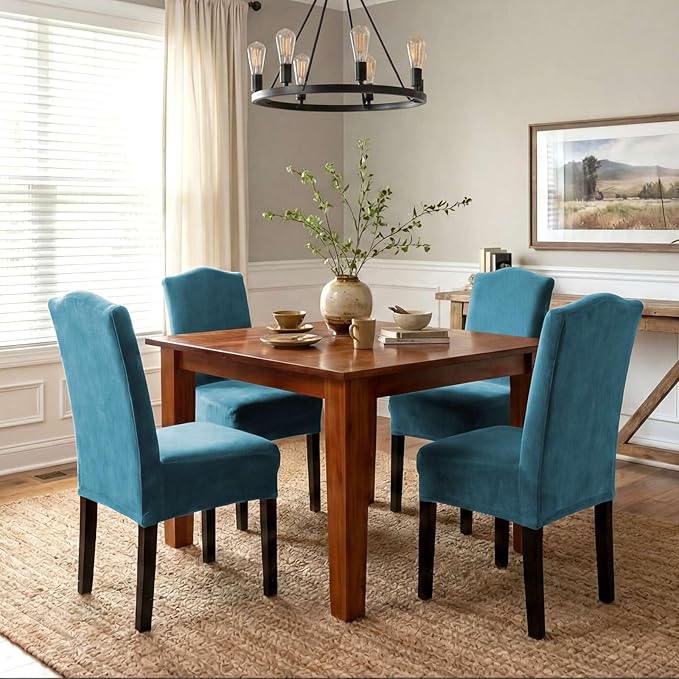 H.VERSAILTEX Velvet Dining Chair Covers Stretch Chair Covers for Dining Room Set of 2 Parson Chair Slipcovers Chair Protectors Covers Dining, Soft Thick Solid Velvet Fabric Washable, Peacock Blue