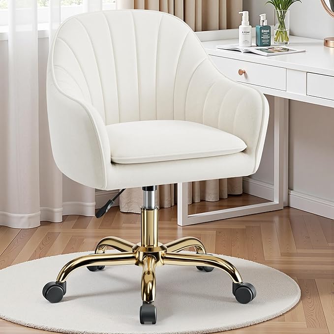 Vanity Chair with Wheels, Comfy Home Office Desk Chairs Adjustable Modern Velvet Makeup Vanity Chairs for Bedroom Living Room-Beige Pack of 2