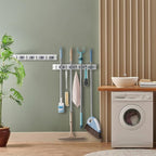 2 Pack Mop Broom Holder Wall Mount - White Wood Broom Mop Hanger - Wall Mounted Garden Tool Rack Organizer for Closet Garage Laundry Room, 4 Slots & 4 Hooks