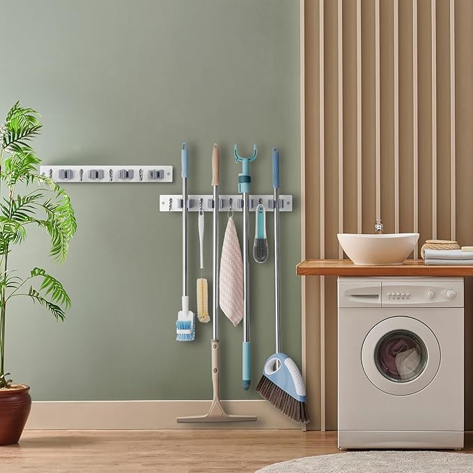 2 Pack Mop Broom Holder Wall Mount - White Wood Broom Mop Hanger - Wall Mounted Garden Tool Rack Organizer for Closet Garage Laundry Room, 4 Slots & 4 Hooks