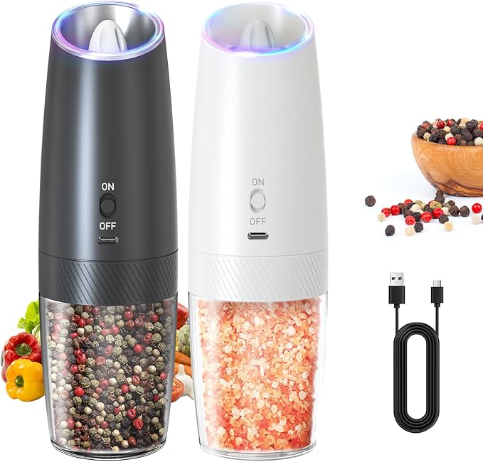 CIRCLE JOY Rechargeable Salt and Pepper Grinder Set Gravity Electric Salt and Pepper Grinder Set, LED Light, Adjustable Coarseness, for Home Kitchen BBQ, Black & White