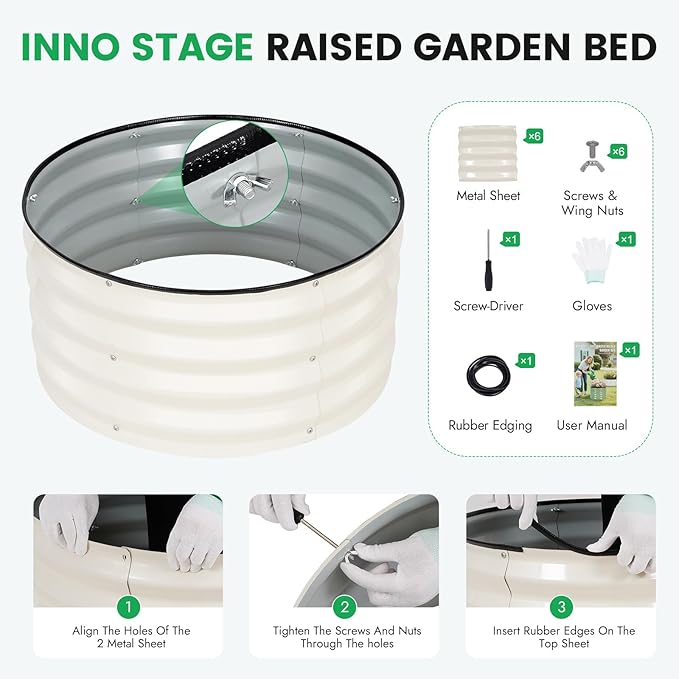 INNO STAG 3 Pcs Round Galvanized Raised Garden Bed — 2×2×1ft Planter Box Outdoor Raised Beds Kit for Gardening Vegetables, Fruits, Herbs, and Flowers, White