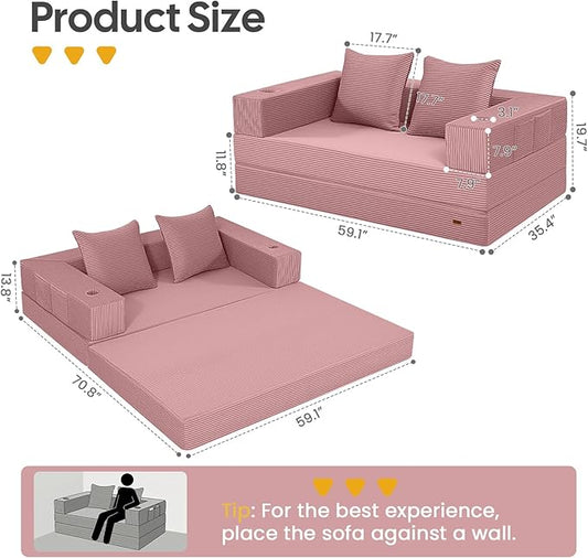 COMAX Futon Sofa Bed, 4‑in‑1 Convertible Sofa Bed, Folding Boneless Couches for Living Room, Fold Out Small Foldable Loveseat Floor Sleeper Comfy Mattress Lounge Space‑Saving, Pink