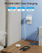 TROND Outlet Extender with 360 Rotating Plug, 2 AC Outlet Splitter with PD 20W USB C, 3-Side Design Wall Plug Adapter, for Bathroom Kitchen Cruise Ship Travel Essentials, White
