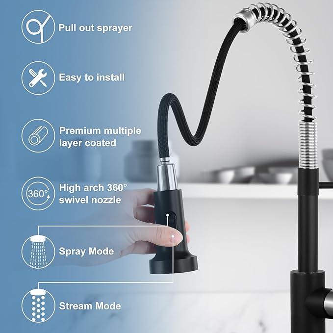 DJS Kitchen Faucets with Pull Down Sprayer Matte Black & Brushed Nickel - Single Handle 1 or 3 Holes Spring Kitchen Sink Faucet with Deck Plate for Farmhouse RV Vessel Basin