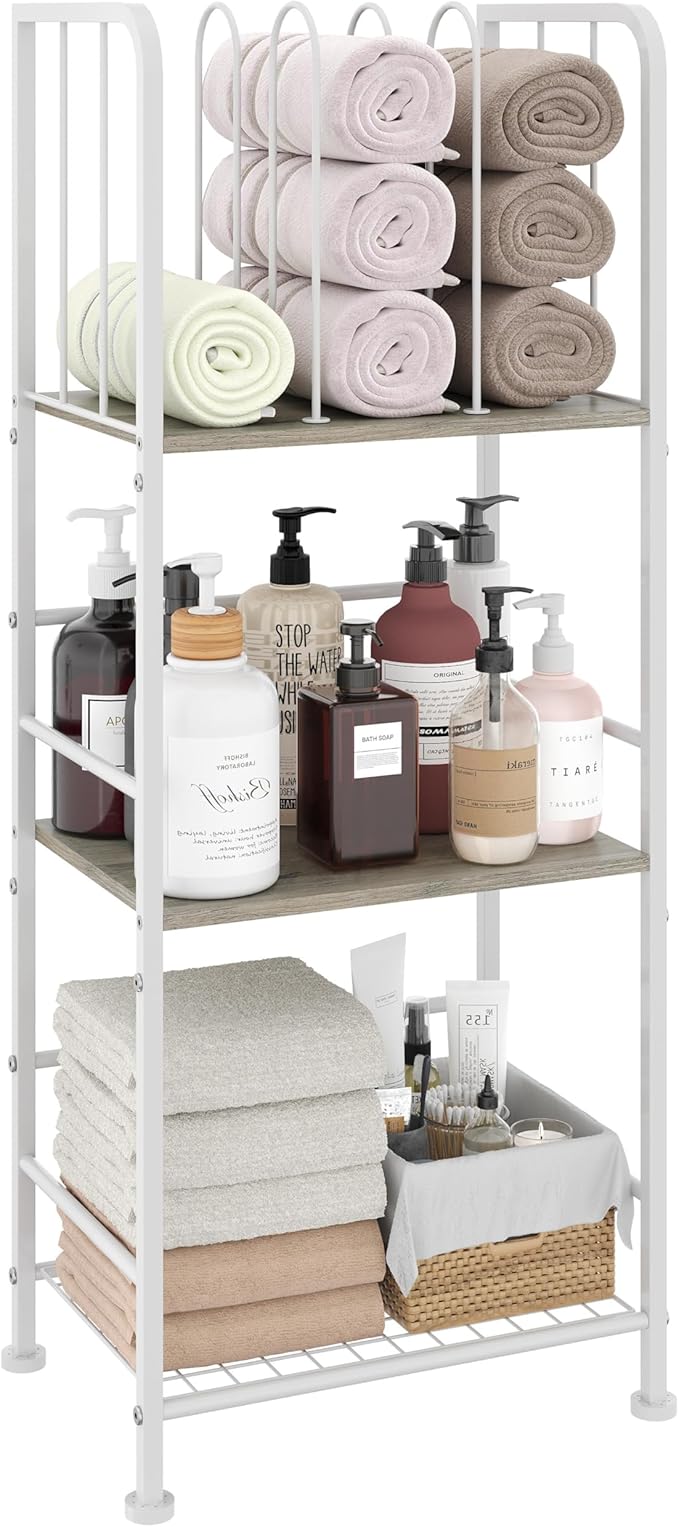 Towel Rack Free Standing 3-Tier M-Shaped Detachable Dividers, Durable Metal Holder, Pool Towel Rack, Space-Saving Towel Storage Organizer, Modern Bath Towel Shelf for Home, Poolside, White