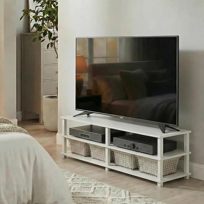 Furinno Turn-S-Tube TV Stand, 3-Tier Open Frame Design Entertainment Center, TV Console for TV up to 46 Inch, Toolless Assembly, for Living Room, Bedroom, White