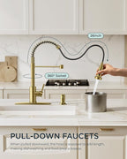 FORIOUS Gold Kitchen Faucet with Pull Down Sprayer, Stainless Steel Commercial Single Handle Classic Spring Pull Out Sink Faucet for Pot Filler, Farmhouse Camper Bar Laundry Room