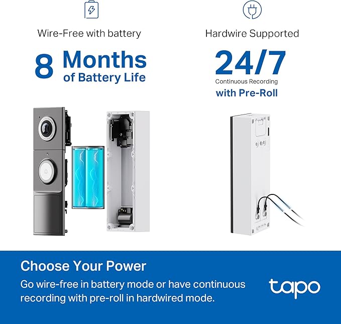 Tapo 2K+ Wired or Battery Powered Smart Video Doorbell with Chime - 180° Field of View, Person/Vehicle/Package Detection, Ring Call, 2-Way Audio, Subscription-Free Local Storage or Optional Cloud,D225