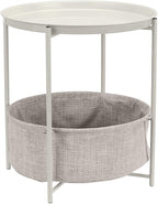Amazon Basics Round Storage End Table, Nightstand with Cloth Basket, Bedside Table, White/Heather Gray, 17.7" L x 17.7" W x 18.9" H
