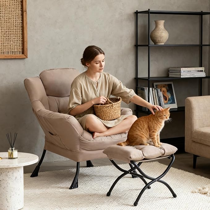 Tiita Lazy Chair with Ottoman, Khaki Modern Large Accent Chair, Comfy Leisure Sofa Armchair with Ottoman, Reading Chair with Footrest for Bedroom, Living Room, Dorm Rooms, Khaki