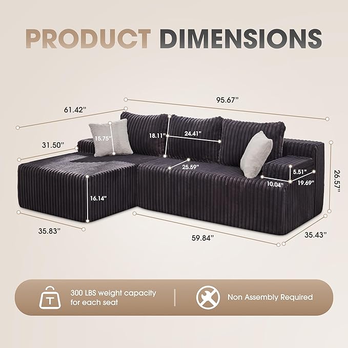 Modular Sectional Sofa Couches L-Shape Couch 3 Seat Modular Sofa Memory Foam Sectional Couches for Living Room, Cloud Couch with Oversized Chaise (Grey Stripe, 96" Left Facing Chaise)