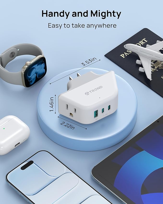 TROND Outlet Extender with 360 Rotating Plug, 2 AC Outlet Splitter with PD 20W USB C, 3-Side Design Wall Plug Adapter, for Bathroom Kitchen Cruise Ship Travel Essentials, White