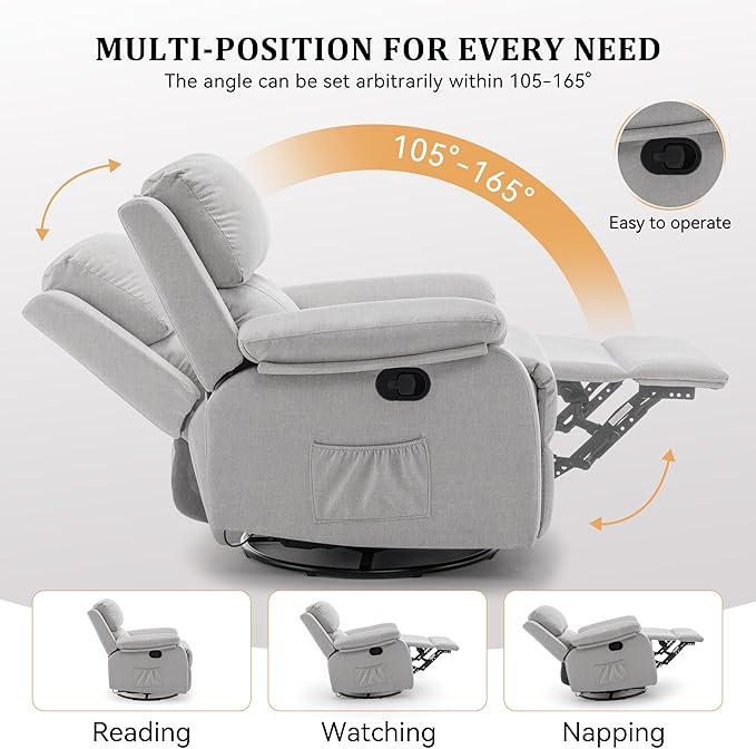 Recliner Chair, 360 Swivel Rocker Chair for Adults, Small Rocking Recliner for Small Spaces, Upholstered Fabric Glider Recliner Nursery