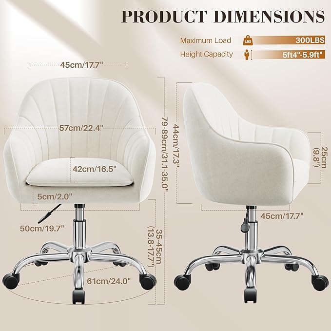 Vanity Chair with Wheels, Comfy Home Office Desk Chairs Adjustable Modern Velvet Makeup Vanity Chairs for Bedroom Living Room-Beign
