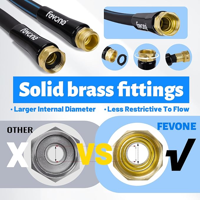 Fevone Kink Free Garden Hose 75 ft, All Weather Flexible, Heavy-Duty & Durable, Solid Brass Fittings, Leak-Free Connection