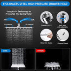 Shower Head Combo,8 Inch High Pressure Rain Shower Head with 11 Inch Adjustable Extension Arm and 5 Settings Handheld Shower Head Combo,Powerful Shower Spray Against Low Pressure Water with Long Hose