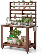 VEVOR Potting Bench Table, Outdoor Gardening Workstation with 45 x 26 in Stainless Steel Tabletop, Storage Shelves, 4 Casters, Hooks, Garden Planting Work Station for Outside Patio, Backyard, Brown