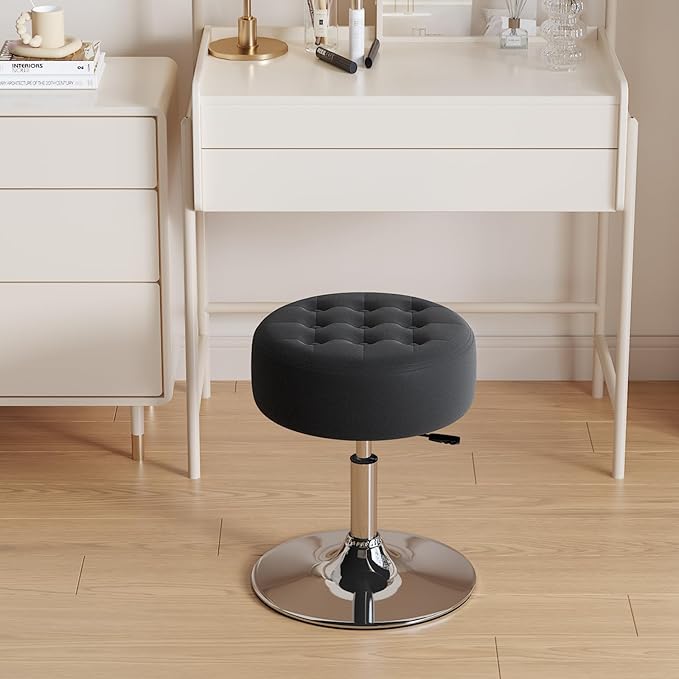 Furniliving Mid-Century Velvet Tufted Makeup Ottoman Stool, Modern Big Size Swivel Round Adjustable Vanity Stool Chair for Living Room Bedroom, Black