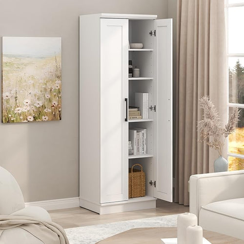 Furinno Robin Storage Cabinet, 5-Tier Pantry Cabinet with Adjustable Shelves, 23W with 2 Shaker-Doors, Kitchen Cabinet, Organization and Storage, for Pantry, Living Room, Home Office, White