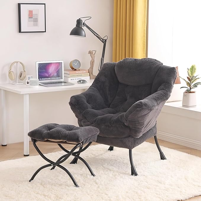Tiita Lazy Chair with Ottoman, Modern Large Accent Lounge Chair, Leisure Sofa Armchair with Ottoman, Reading Chair with Footrest for Bedroom, Living Room, Dorm Rooms, Garden and Courtyard