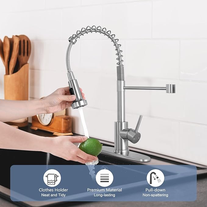 DJS Kitchen Faucets with Pull Down Sprayer Brushed Nickel High Arc Single Handle 1 or 3 Holes Spring Kitchen Sink Faucet with Deck Plate for Farmhouse RV Vessel Basin
