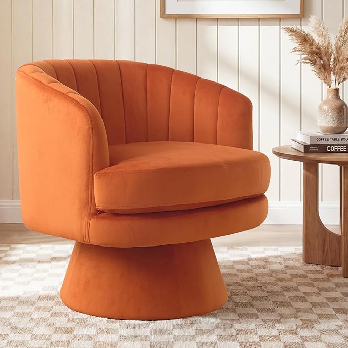 CANMOV Swivel Accent Chair with Armrest, Modern 360 Degree Swivel Barrel Chair with Curve Back and Soft Cushion, Comfy Velvet Round Armchair Single Sofa for Living Room, Bedroom, Orange