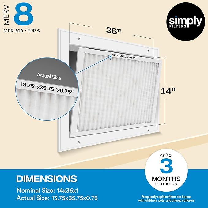 Simply 14x36x1 Air Filter, Merv 8, 6 Pack, For Home AC Furnace & HVAC (Actual Size: 13.75"x35.75"x0.75") DUST, Pet, & Allergy Control