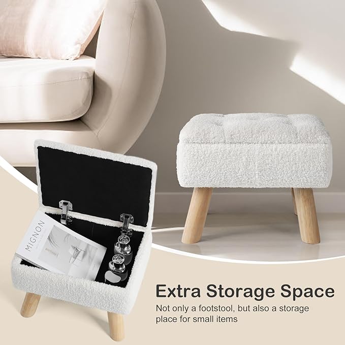 Storage Ottoman, Small Foot Stool Ottoman with Storage, Boucle Teddy Velvet Foot Rest with Padded Seat, Sturdy Wood Legs Stool for Living Room, Bedroom, Couch, Enterway (Cream)