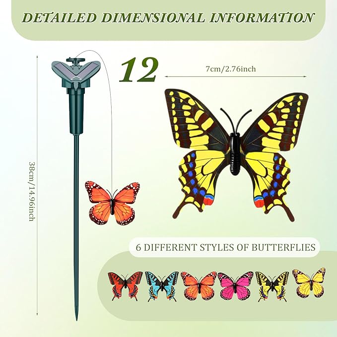 12 Pcs Solar Flying Moving Fluttering Waterproof Garden Stakes Decorations for Home Yard Pathway Garden Landscape Christmas Outdoor Indoor Centerpieces Gift Decorations (Butterfly)