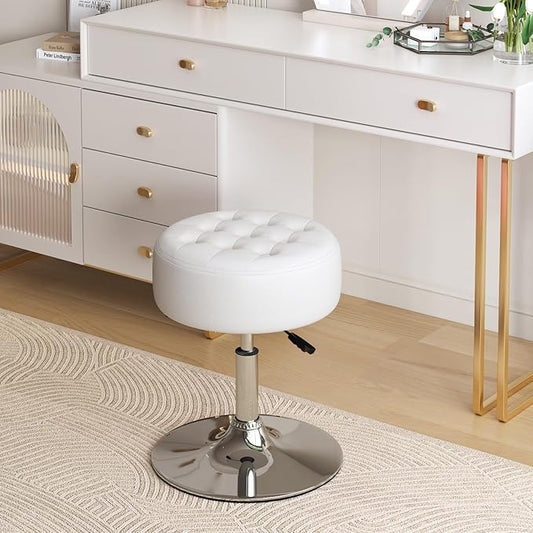 Furniliving PU Leather Makeup Ottoman Stool, 16.5" to 20.5" Height Adjustable Swivel Vanity Stool Round Ottoman Chair for Living Room Bedroom Entryway, IvoryWhite