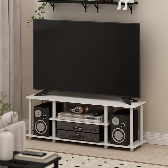 Furinno Turn-N-Tube TV Stand, 3-Tier Open Frame Rectangular Entertainment Center with Storage Shelf, TV Console for TV up to 50 Inch, Toolless Assembly, for Living Room, Bedroom, White