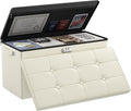 DocSafe Storage Ottoman Bench with Lock,Fireproof 30 Inches Folding Bench Foot Rest Stool Storage Chest Safe for Living Room,Bedroom,Home Office,Waterproof Leather Ottoman with Handles,Beige
