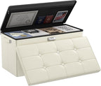 DocSafe Storage Ottoman Bench with Lock,Fireproof 30 Inches Folding Bench Foot Rest Stool Storage Chest Safe for Living Room,Bedroom,Home Office,Waterproof Leather Ottoman with Handles,Beige