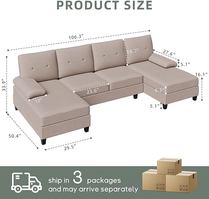 Shintenchi U-Shaped Sectional Couches for Living Room, 4 Seat Sofa with Double Chaise Lounges,Solid Wood Frame Sectional Sofa for Apartment,Beige