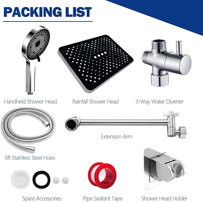 Shower Head,14" High Pressure Shower Combo,Rainfall Shower System with Handheld Spray,All Metal 3-Way Diverter & 6ft Hose,Anti-Clog Nozzles,Easy to Install in Bathrooms-Chrome