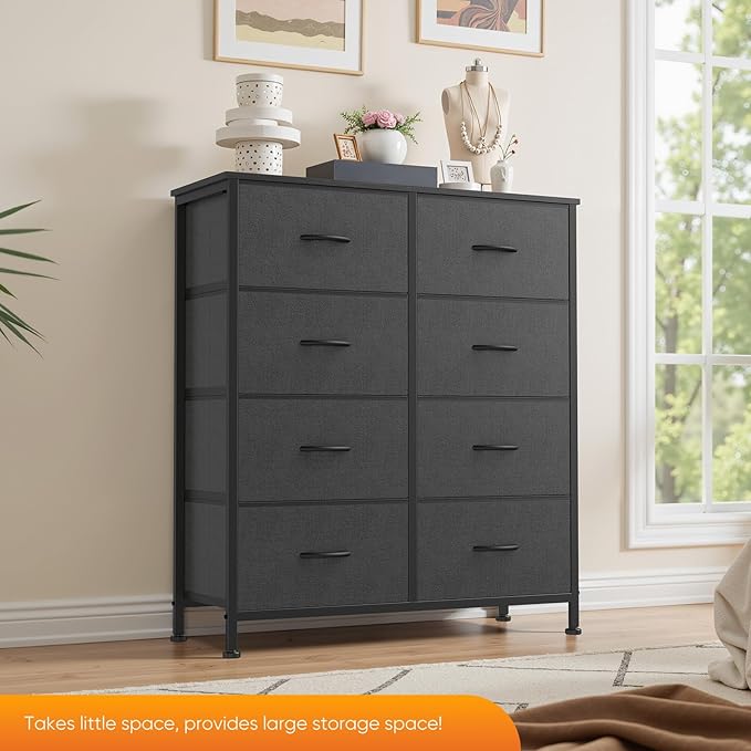 Dresser for Bedroom with 8 Drawers, Anti-Tip Tall Fabric Chests Storage Organizer Tower Furniture with Wooden Top Metal Frame for Clothes, Closet, Living Room, Hallway, Entryway