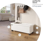 Storage Ottoman Bench with Bins, 43-in Storage Bench for Bedroom End of Bed, Folding Foot Rest Ottoman for Living Room Max 660lbs, Faux Leather Ottomans, Cream