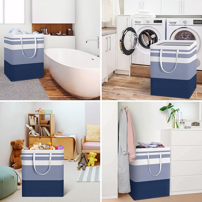 HomeHacks 2-Pack Large Laundry Basket, Waterproof, Freestanding Laundry Hamper, Collapsible Tall Clothes Hamper with Extended Handles for Clothes Toys in the Dorm and Family (Blue, 125L)