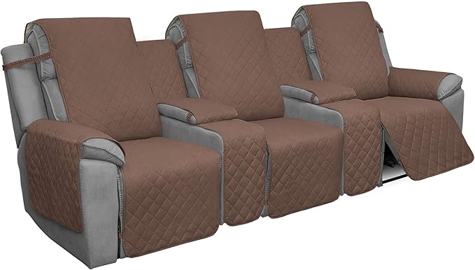 Easy-Going Recliner Sofa Cover with Console, Reversible Couch Cover for Living Room, Split Sofa Cover for Each Seat with Elastic Straps for Kids, Dogs, Pets (3 Seater, Brown/Beige)