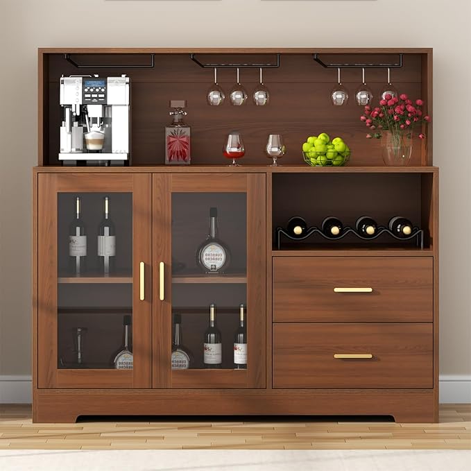 Auromie Wine Bar Cabinet with LED Light, Home Coffee Cabinet with Wine and Glass Rack, Kitchen Buffet Sideboard with Storage Cabinet&Drawers, Modern Liquor Cabinet for Living Room Dining Room (Brown)