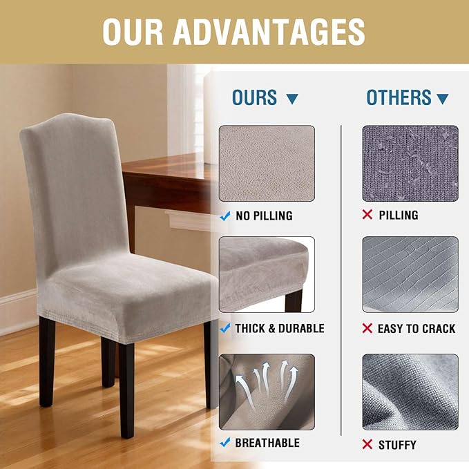 H.VERSAILTEX Velvet Dining Chair Covers Stretch Chair Covers for Dining Room Set of 6 Parson Chair Slipcovers Chair Protectors Covers Dining, Soft Thick Solid Velvet Fabric Washable, Oatmeal