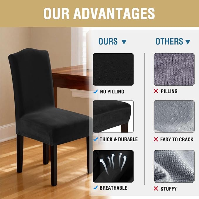 H.VERSAILTEX Velvet Dining Chair Covers Stretch Chair Covers for Dining Room Set of 2 Parson Chair Slipcovers Chair Protectors Covers Dining, Soft Thick Solid Velvet Fabric Washable, Black
