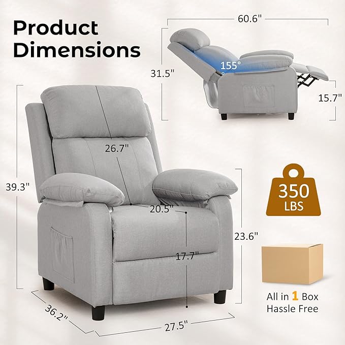 Recliner Chair, Reading Chair for Adults with Side Pockets, Recliners with Padded Deep Seat, Small Recliners for Small Spaces, Linen Fabric Comfy Chair for Bedroom, Living Room, and RV
