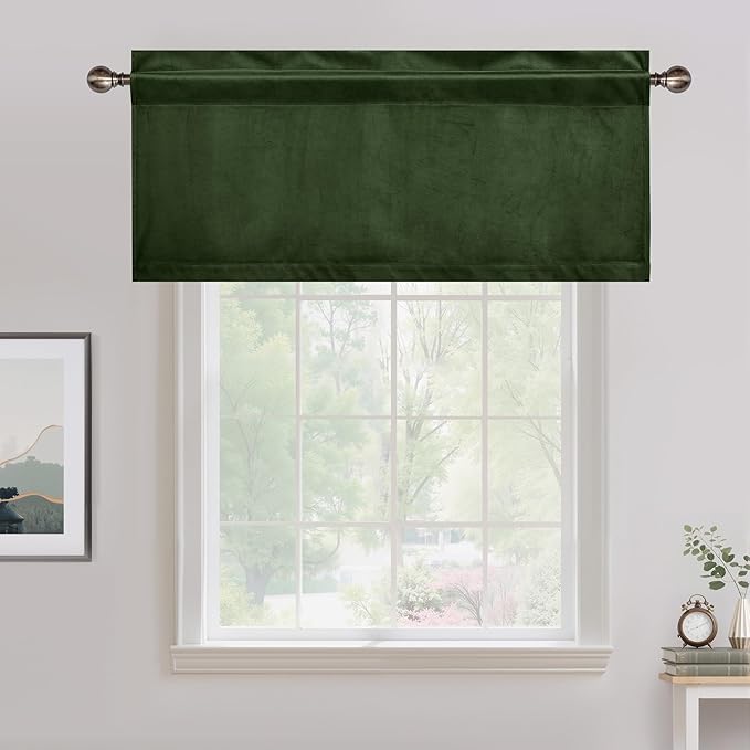 NICETOWN Velvet Cafe Windows Valance, Olive Green Window Treatment for Kitchen, Privacy Protection Home Decoration for Living Room, W42 x L18, 1 Panel