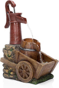 Alpine Corporation ZEN276S Outdoor Vintage Water Pump and Wheelbarrow Floor Fountain - Calming Water Flow, 23 Inch Tall, Brown