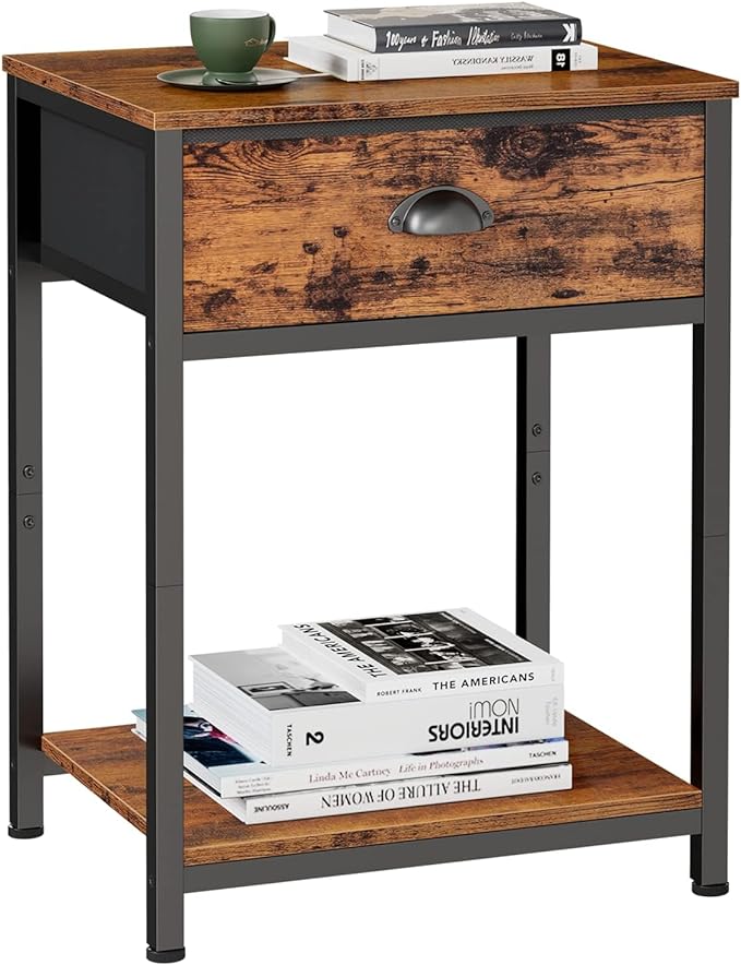 Furologee End Table with Storage Shelf and Fabric Drawer, 2 Tiers Industrial Nightstand, Bedside Table Organizer for Living Room Bedroom, Rustic Brown, Easy Assembly