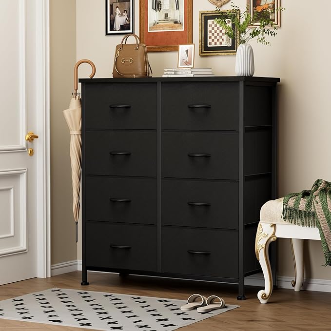 Dresser for Bedroom with 8 Drawers, Anti-Tip Tall Fabric Chests Storage Organizer Tower Furniture with Wooden Top Metal Frame for Clothes, Closet, Living Room, Hallway, Entryway